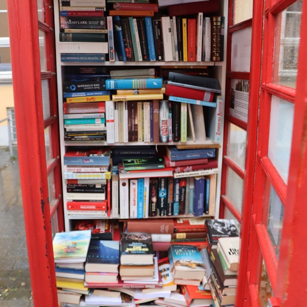 Zu sehen ist ein Bücherschrank, in dem Unmengen an Büchern gestapelt werden.
