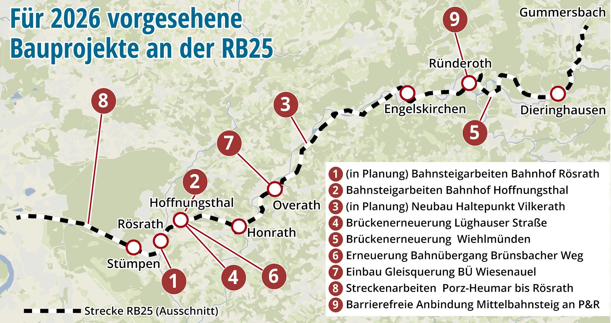 In einer Karte sind mehrere Bahnbauprojekte entlang der Regionalbahnstrecke 25 zwischen Köln und Gummersbach verzeichnet.