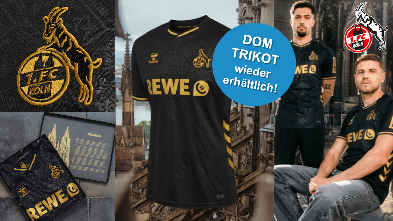 Das 1. FC KÖLN x DOM Ausweichtrikot 2025/26 getragen von männlichen Models vor dem Dom sowie verpackt in der Geschenkbox. Daneben 1. FC Köln Logo.