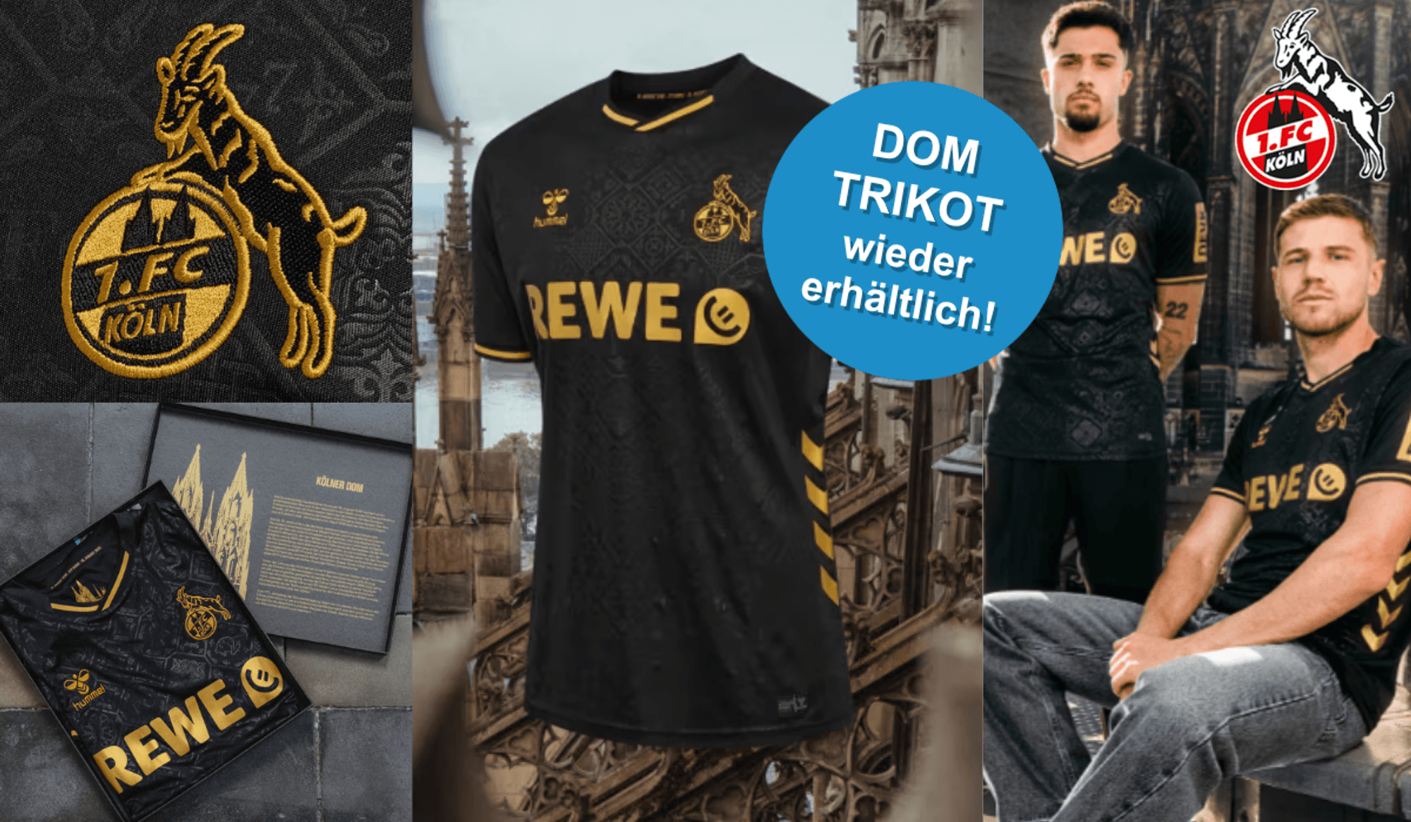 Das 1. FC KÖLN x DOM Ausweichtrikot 2025/26 getragen von männlichen Models vor dem Dom sowie verpackt in der Geschenkbox. Daneben 1. FC Köln Logo.