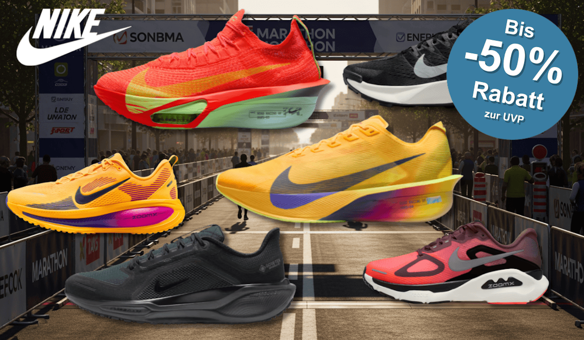 Nike Laufschuhe wie der Alphafly, Structure, Vaporfly und mehr vor einer Marathon Strecke