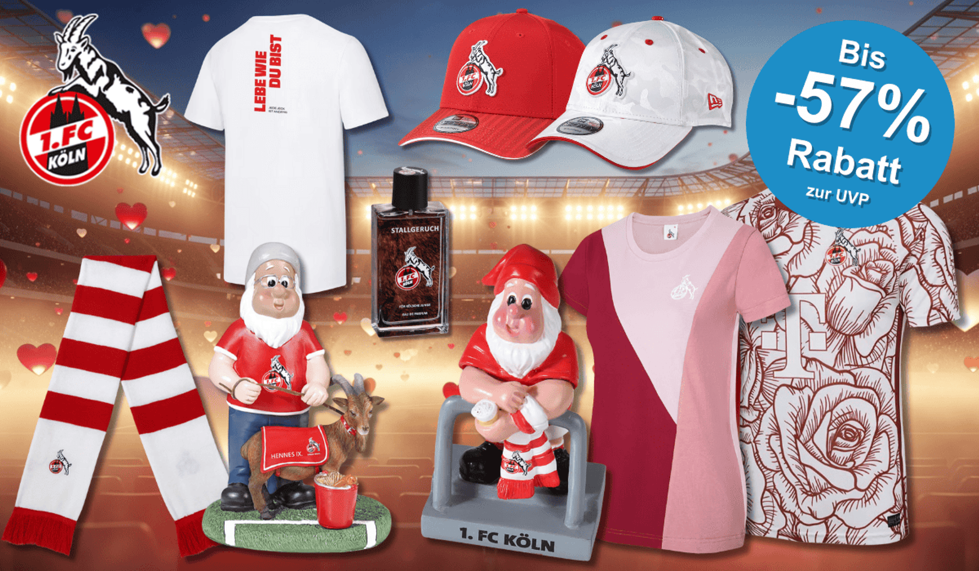 Verschiedene Produkte aus dem FC Fanshop vor einem Stadion Hintergrund mit Herzen.