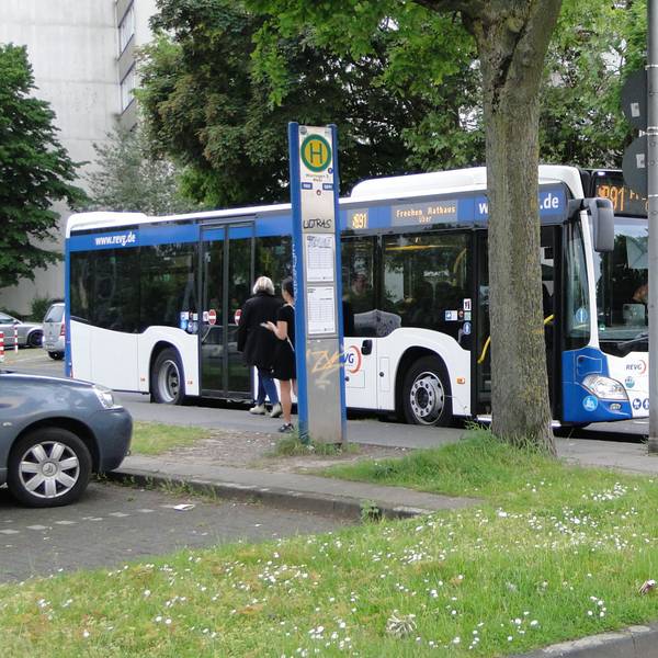 Ein Bus der Linie SB 91 steht an einer Haltestelle.