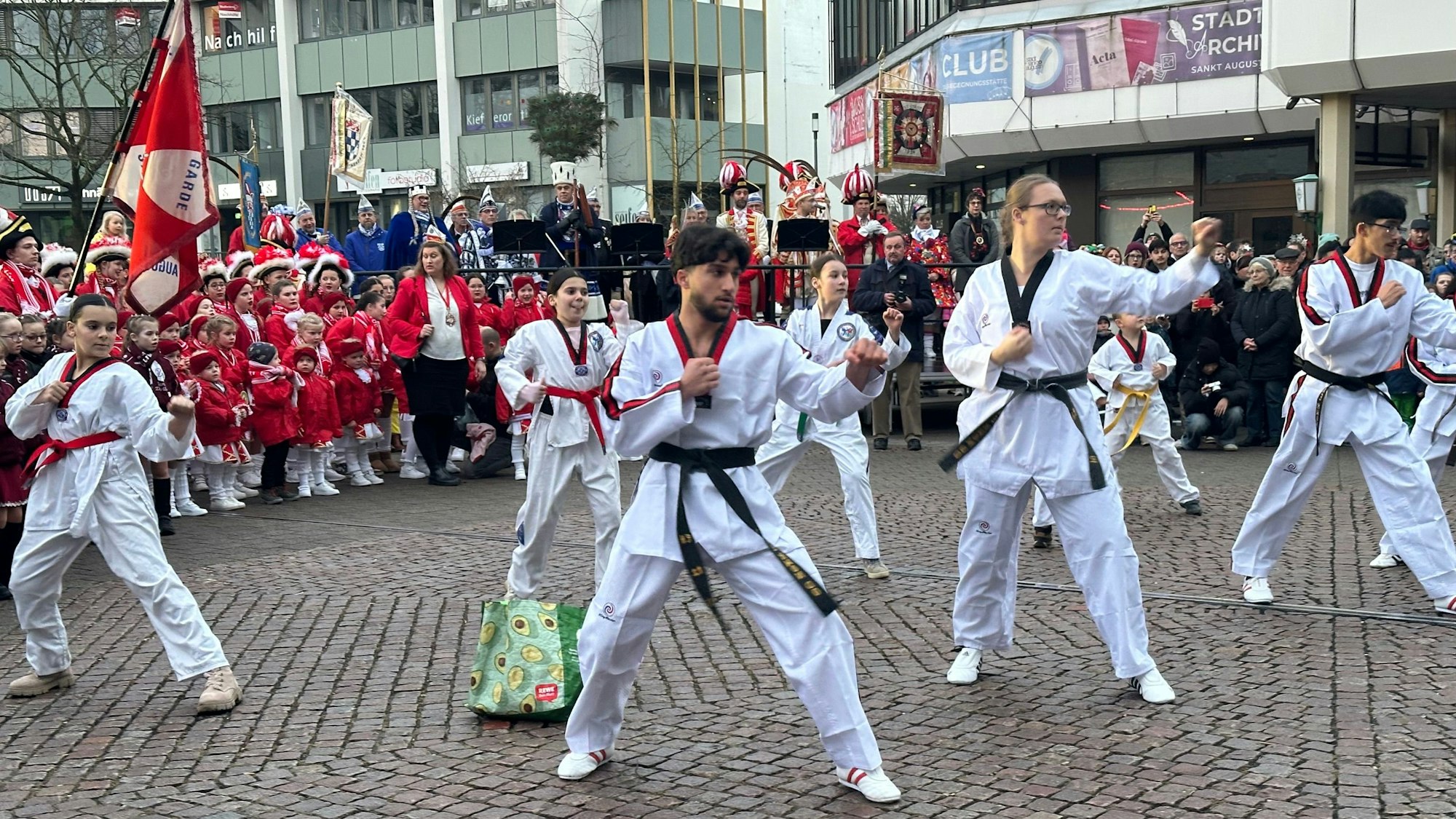 Mit vereinten Kräften versuchten Kampfsportler die Erstürmung des Sankt Augustiner Rathauses durch die Karnevalisten zu verhindern – vergeblich.