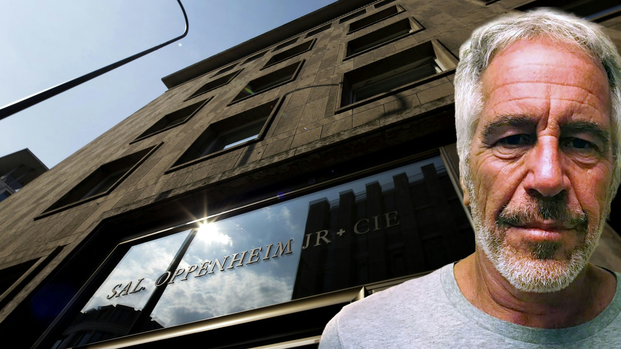 Bildmontage: Die einstige Zentrale von Sal. Oppenheim, davor Jeffrey Epstein.