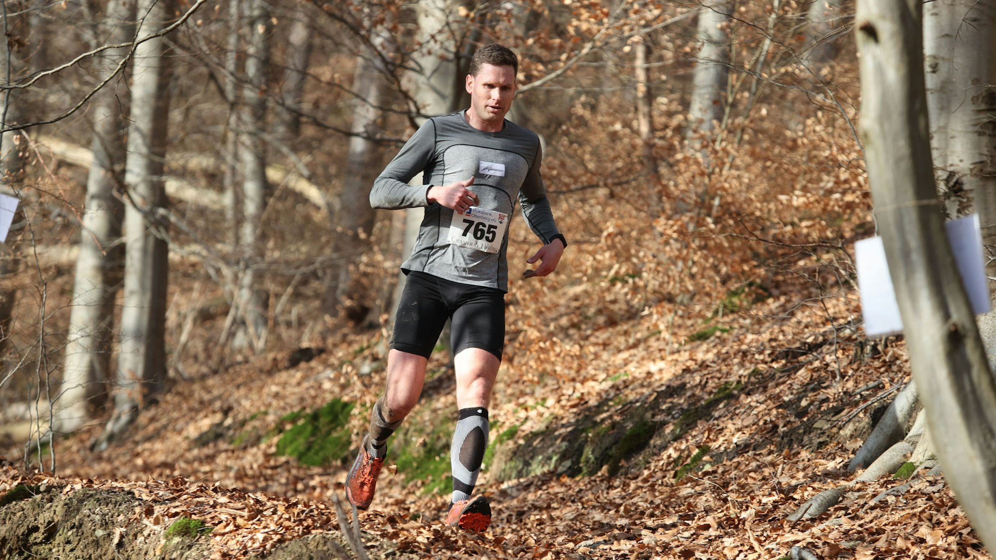 Bild von einem Mann, der durch den Wald läuft.