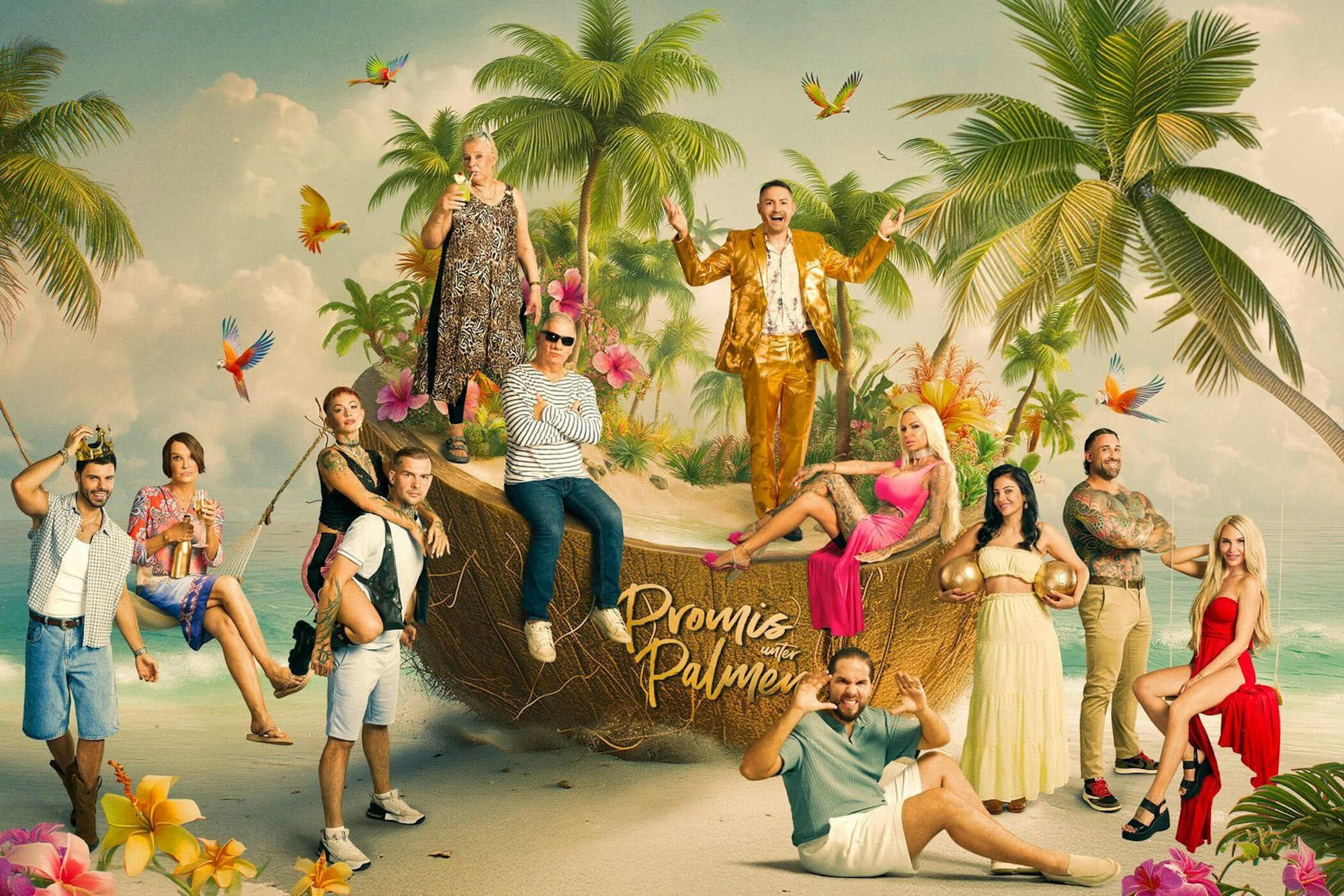 Sie alle wollen sich bei „Promis unter Palmen“ die goldene Kokosnuss erkämpfen - und das Preisgeld. Doch der Zoff bleibt natürlich nicht aus. (Bild: Joyn/ Gerhard Merzeder)