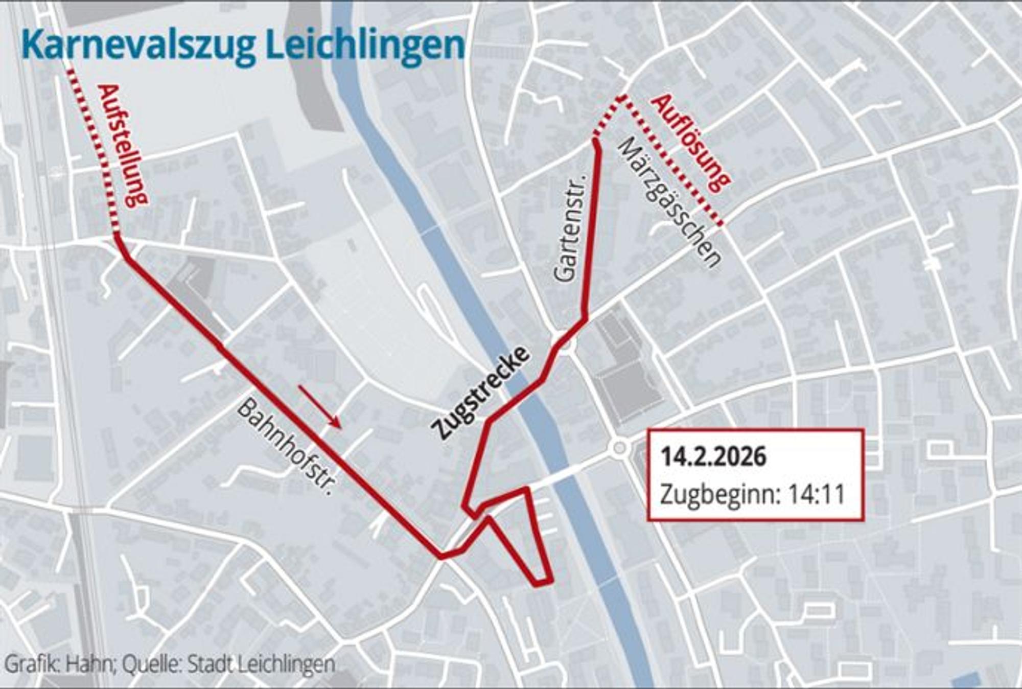 Die Wegführung des Blütensamstagszugs 2026 in Leichlingen.
