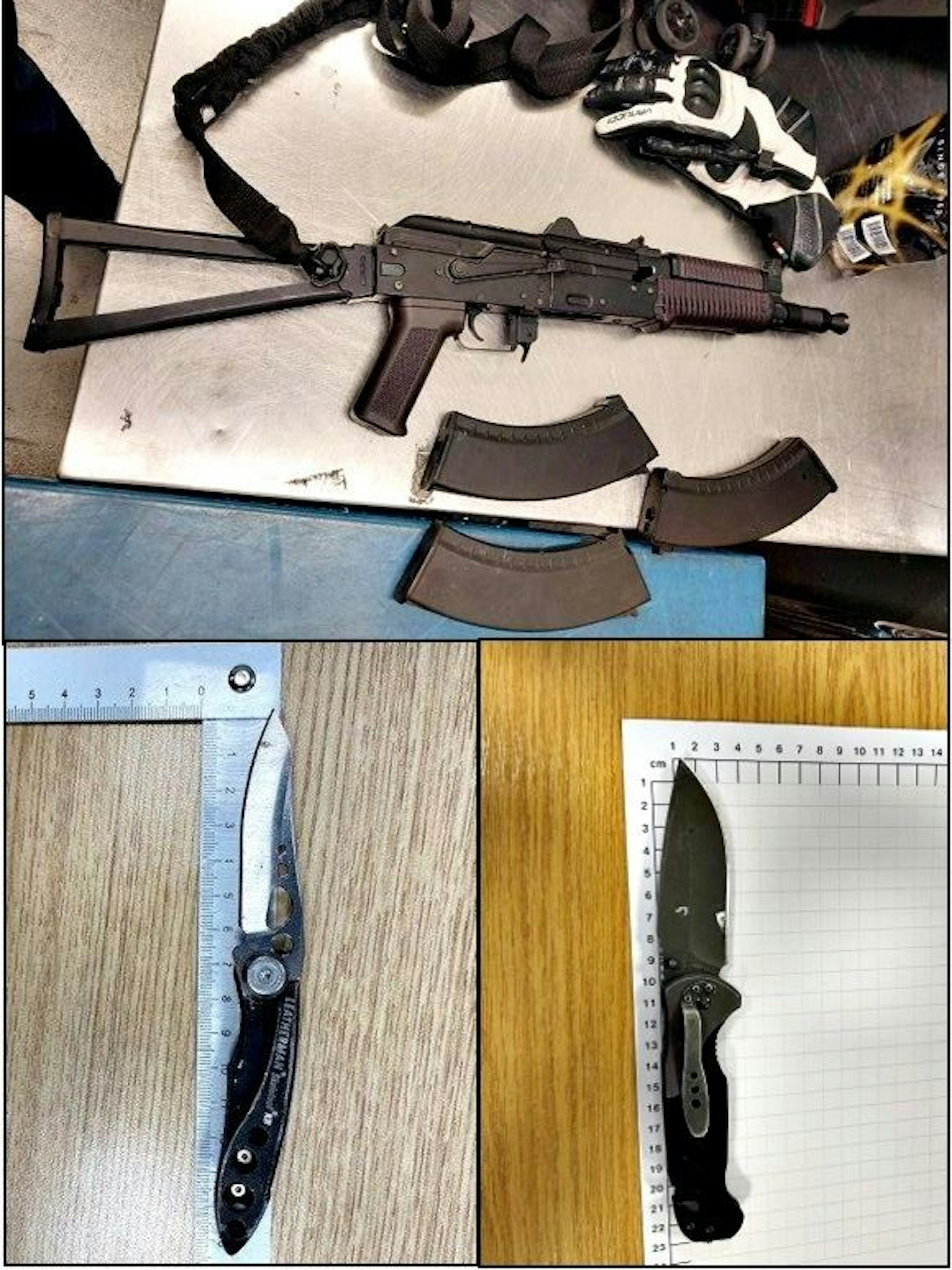 Eine Softair-Waffe und zwei Messer: Sichergestellte Waffen am Flughafen Köln/Bonn.