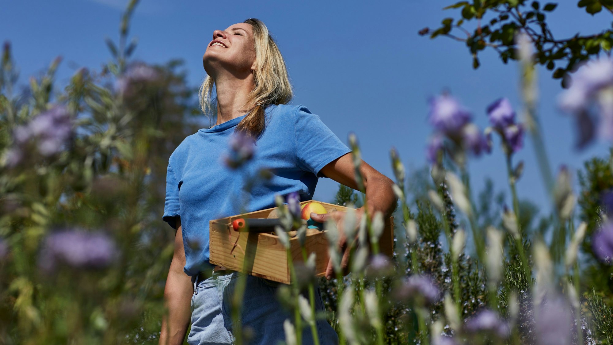 Smiling woman holding a crate in allotment garden