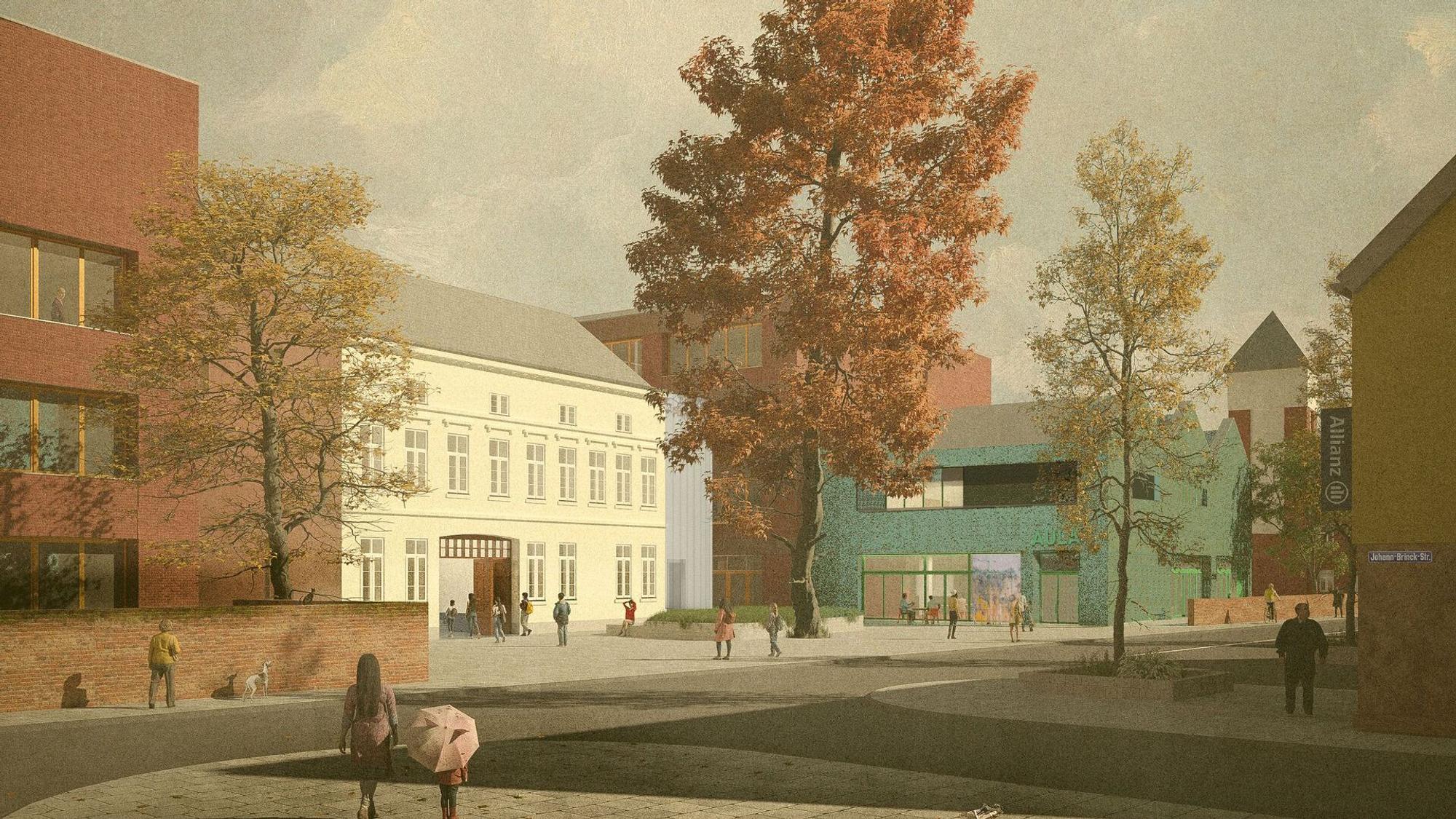 Eine Visualisierung zeigt die geplanten Schulgebäude links und rechts von dem unter Denkmalschutz stehenden Gutshaus im Herzen von Bickendorf an der Rochusstraße.