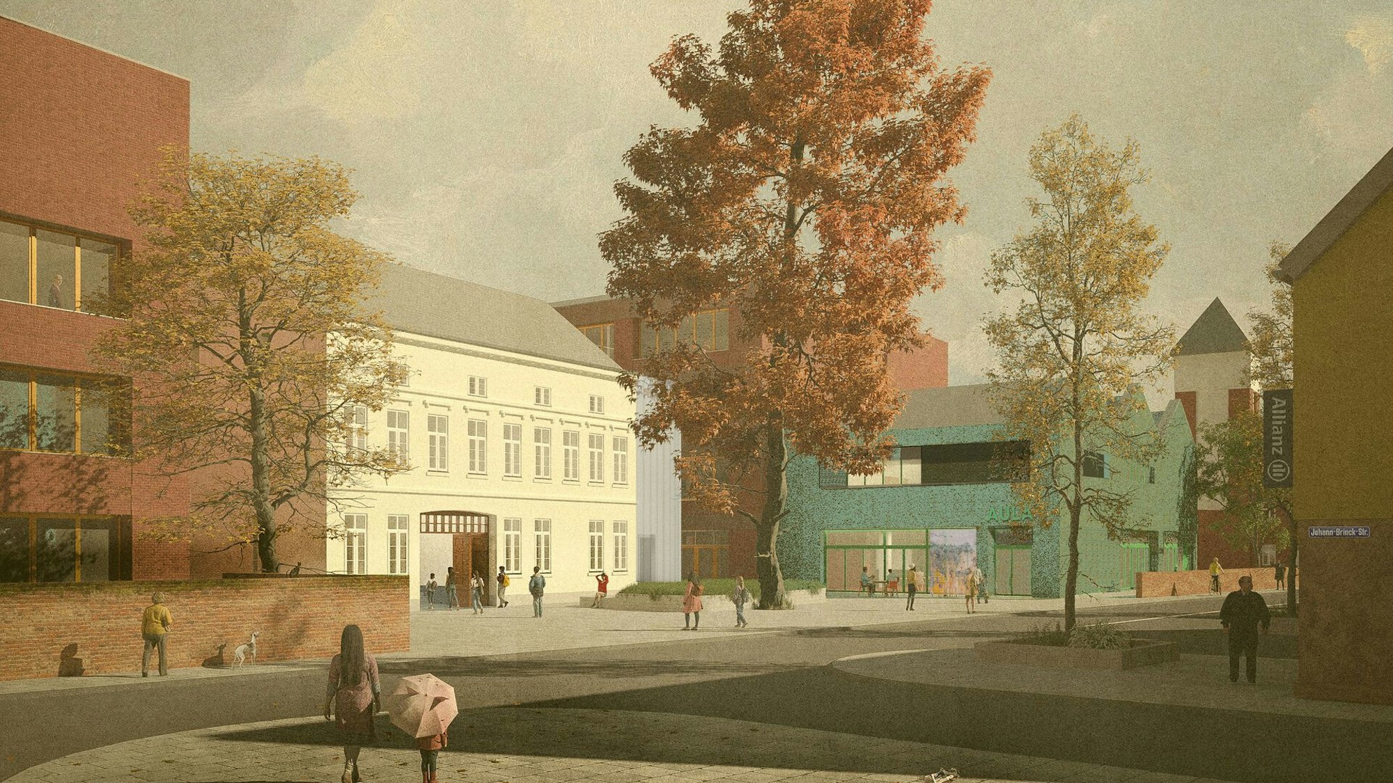 Eine Visualisierung zeigt die geplanten Schulgebäude links und rechts von dem unter Denkmalschutz stehenden Gutshaus im Herzen von Bickendorf an der Rochusstraße.