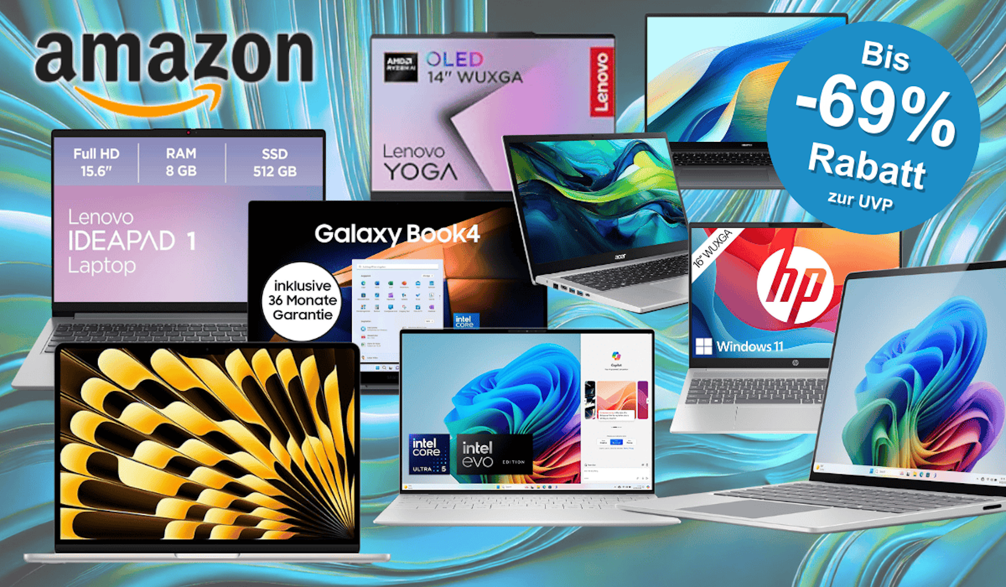 Darstellung verschiedener Laptop-Modelle vor einem bunten Hintergrund in Wellen-Optik.