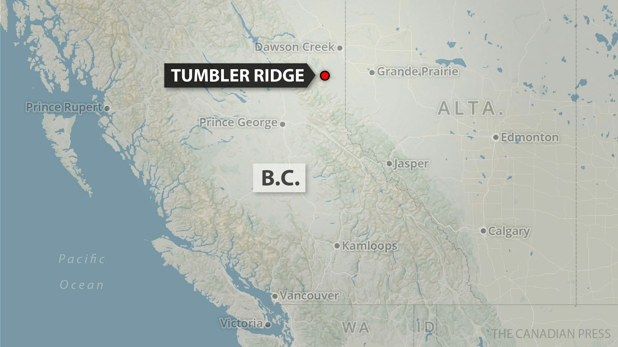 Eine Karte zeigt die Lage des Ortes Tumbler Ridge.