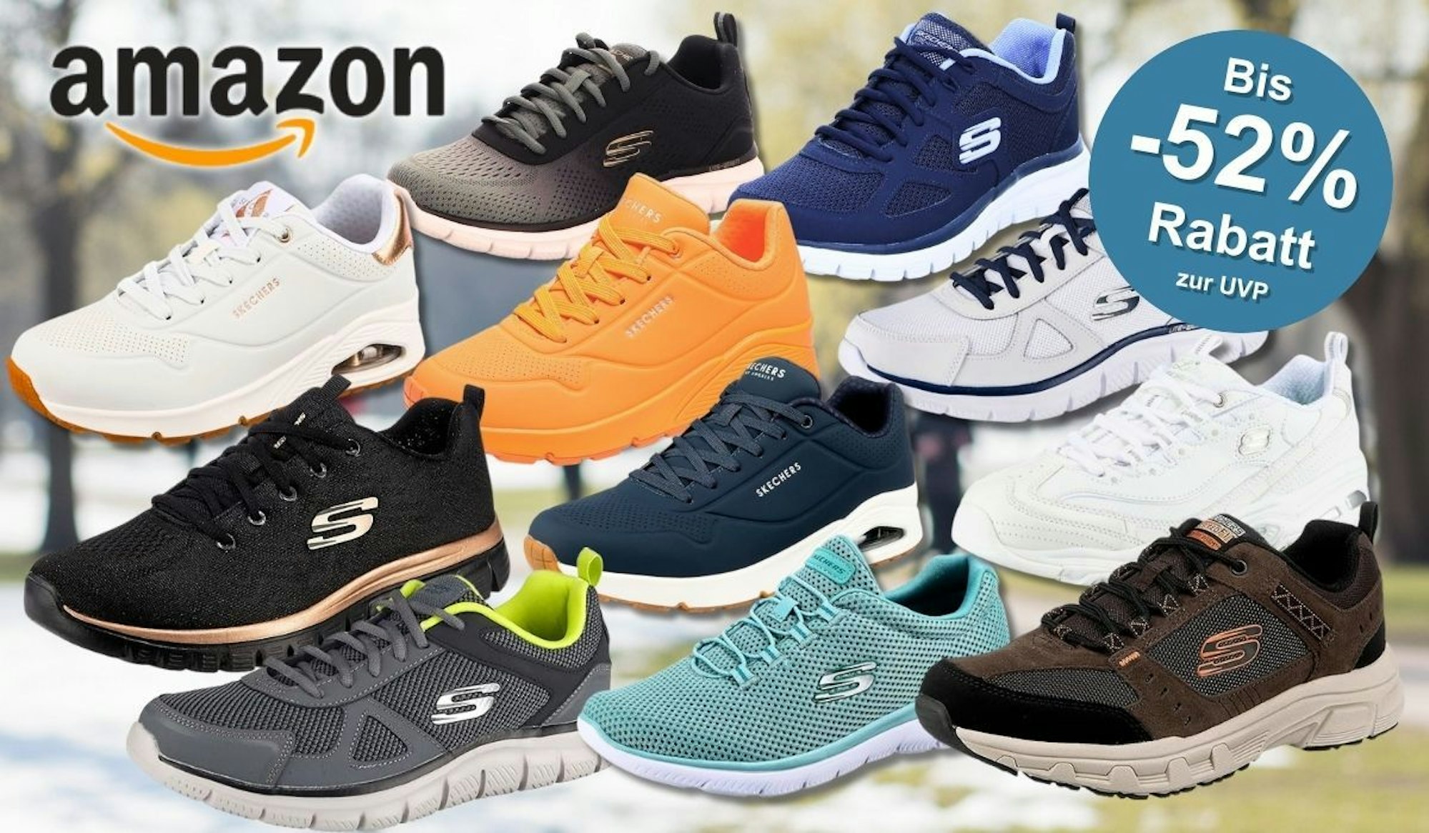 Skechers Sneaker uns Schuhe in verschiedenen Farben und Modellen voreinem Hintergrund in einem Park mit Joggern in der Winterzeit.