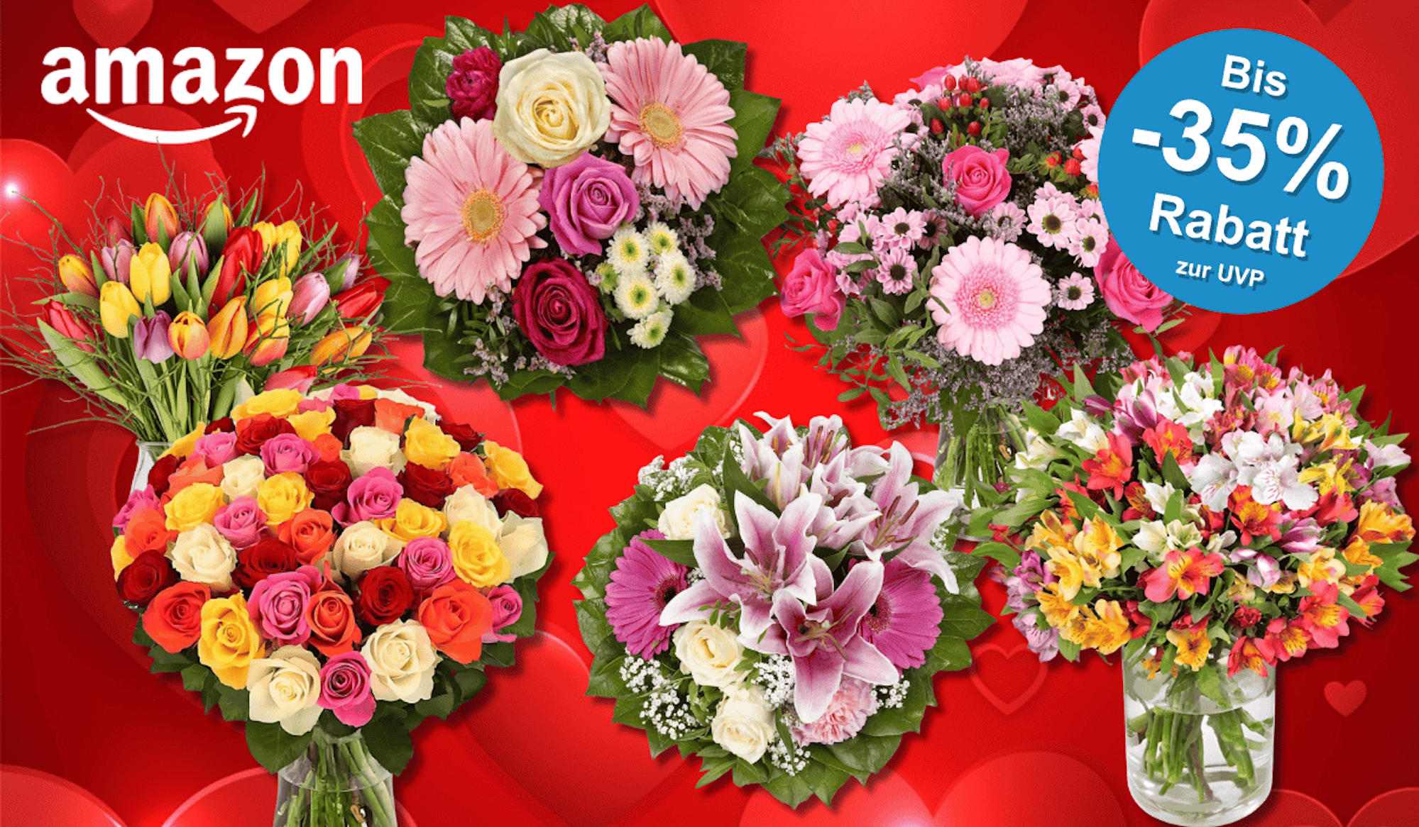 Verschiedene Blumensträuße vor einem roten Hintergrund.