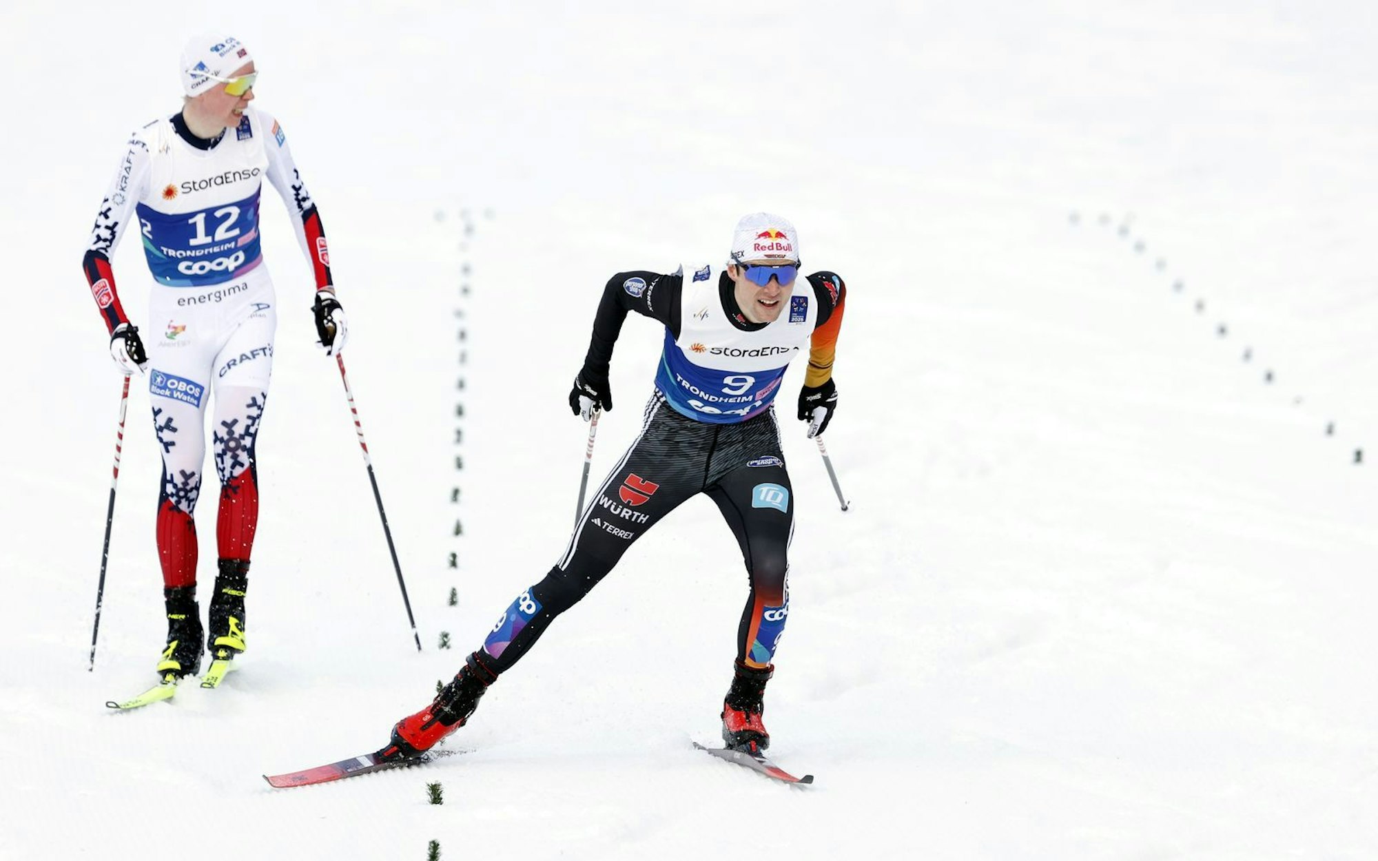 Vinzenz Geiger, hier bei der Nordischen Ski-WM 2025 in Trondheim, brach bei der Langlauf-Entscheidung in der Nordischen Kombination ein und sorgte für einen echten „Behle-Moment“. (Bild: 2025 Getty Images/Christophe Pallot/Agence Zoom)