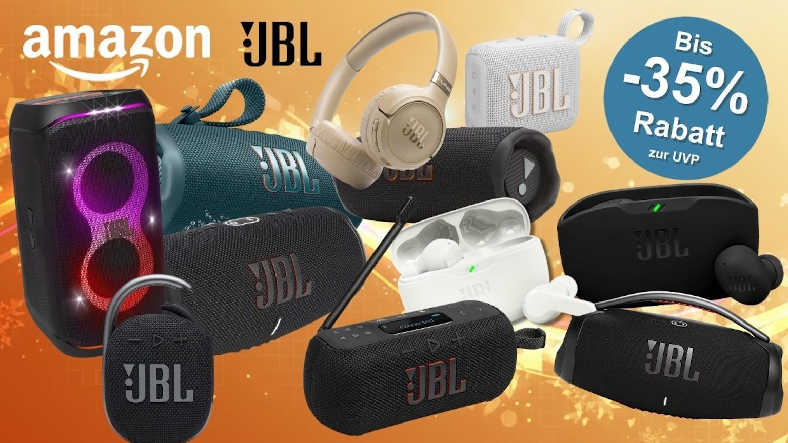 JBL Boxen, Speaker und Bluetooth-Kopfhörer wie PartyBox 120, JBL Go 4, JBL Flip 7, JBL Tuner 3, JBL Charge 6, JBL Tune 680 NC oder die JBL Wave Buds 2 vor einem gelben Hintergrund.
