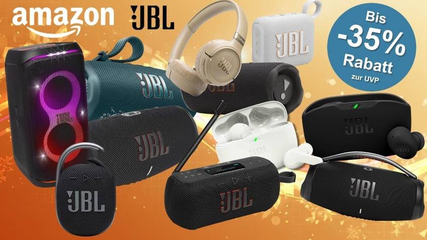 JBL Boxen, Speaker und Bluetooth-Kopfhörer wie PartyBox 120, JBL Go 4, JBL Flip 7, JBL Tuner 3, JBL Charge 6, JBL Tune 680 NC oder die JBL Wave Buds 2 vor einem gelben Hintergrund.