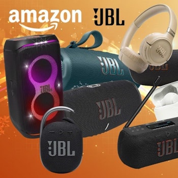 JBL Boxen, Speaker und Bluetooth-Kopfhörer wie PartyBox 120, JBL Go 4, JBL Flip 7, JBL Tuner 3, JBL Charge 6, JBL Tune 680 NC oder die JBL Wave Buds 2 vor einem gelben Hintergrund.