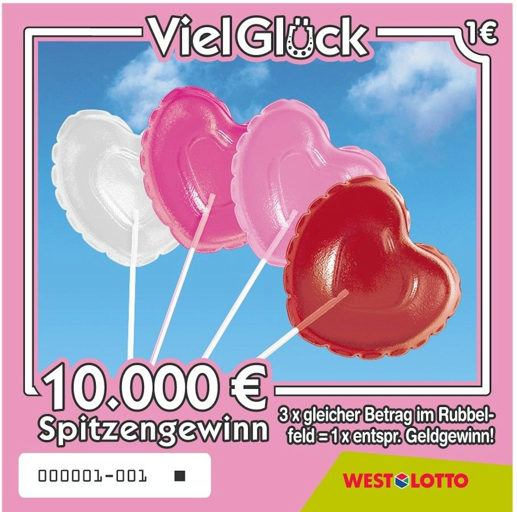 Das Bild zeigt eines der vier neuen Designs des WestLotto-Rubbellos Viel Glück mit vier schwebenden Herzballons in Rosa, Weiß und Rot vor blauem Himmel. Der untere Bereich weist auf den möglichen Spitzengewinn von 10.000 Euro hin.