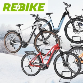 E-Bikes Trekking, City und E-Mountain-Bikes verschiedener Marken vor einer verschneiten Innenstadt.