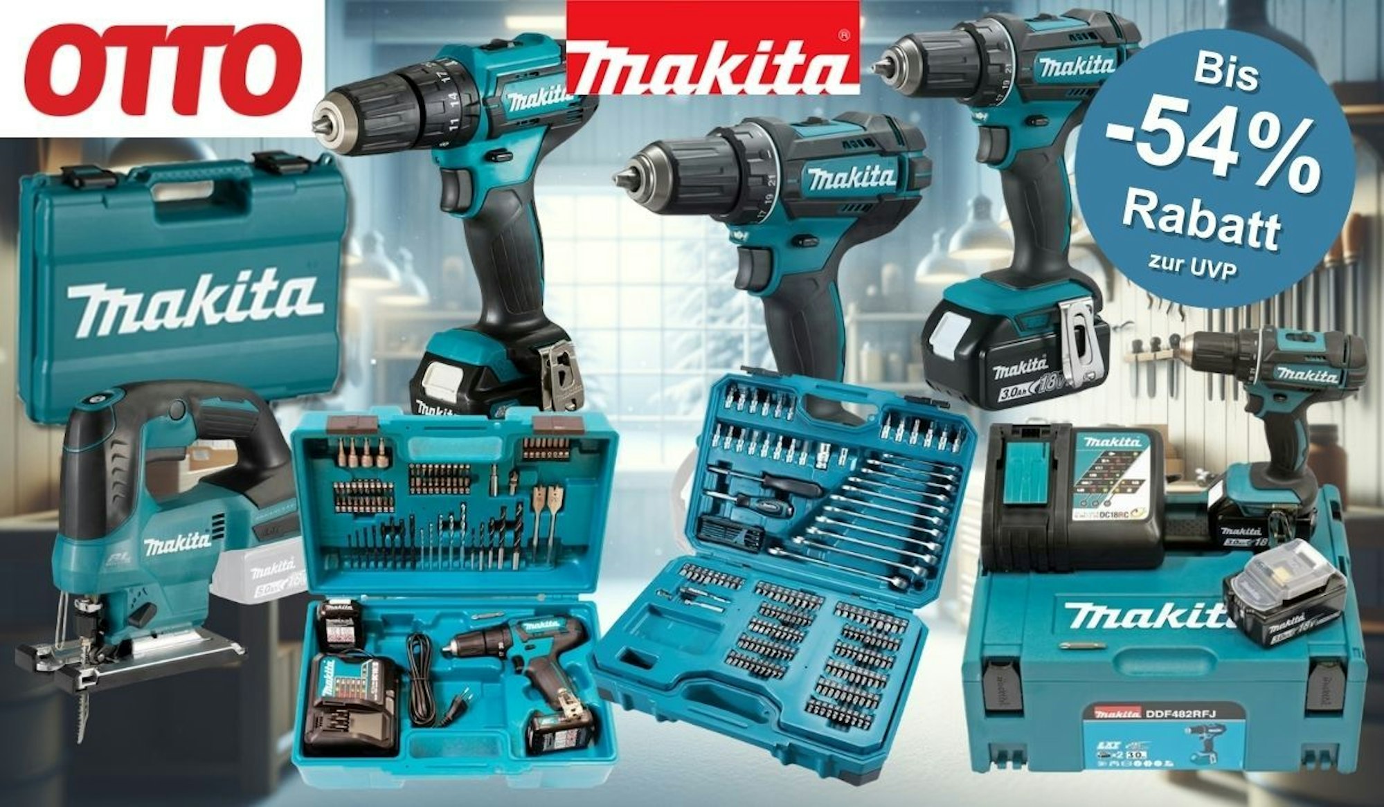 Makita Werkzeug wie Akku-Bohrschrauber, Werkzeugkoffer, Bohrer-Bits, Stichsäge und Zubehör-Sets vor einem winterlichen Werkstatt-Hintergrund.