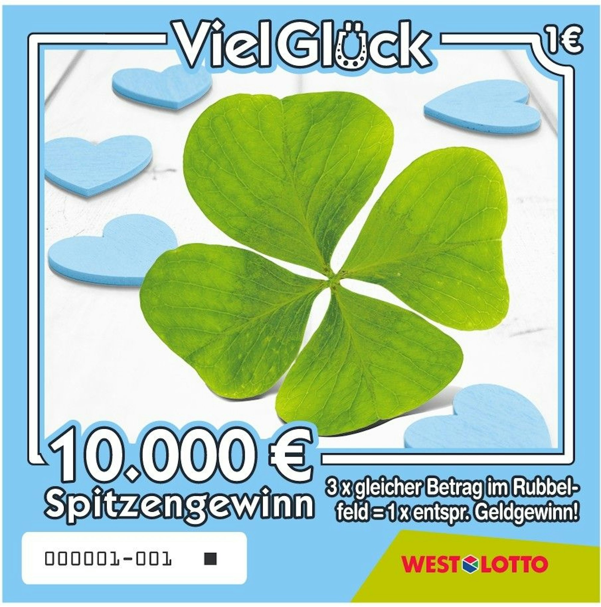 Das Bild zeigt eines der vier neuen Designs des WestLotto-Rubbellos Viel Glück mit einem großen, grünen vierblättrigen Kleeblatt in der Mitte. Umgeben ist es von hellblauen Herzen und Hinweisen auf den möglichen Spitzengewinn von 10.000 Euro.