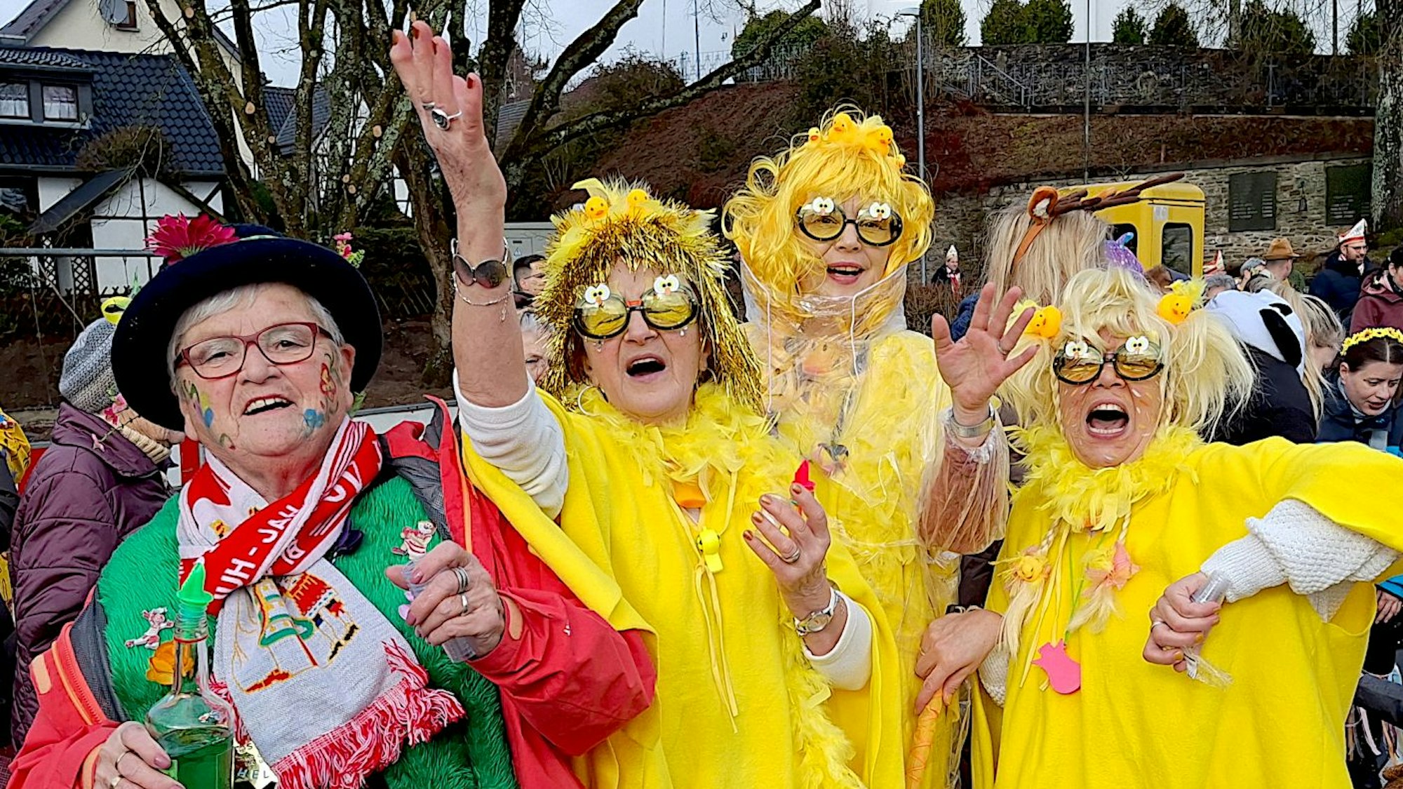 Drei Frauen sind als Enten verkleidet, eine weitere als Wiese. Sie rufen dem Fotografen etwas zu.