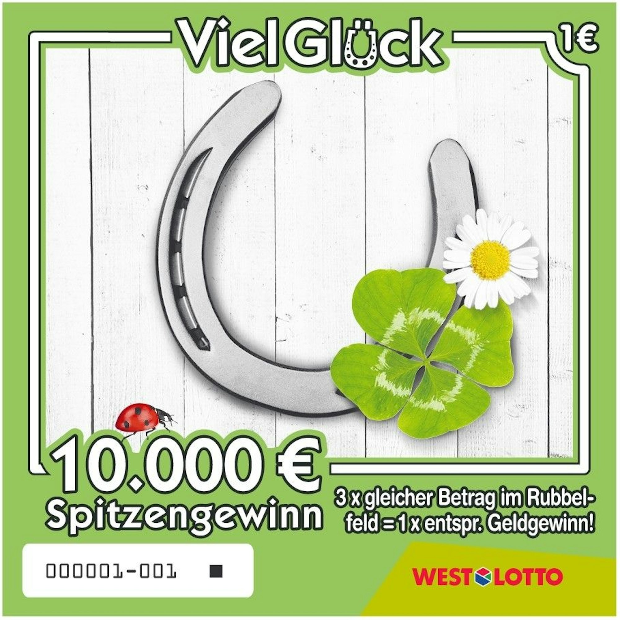 Das Bild zeigt eines der vier neuen Designs des WestLotto-Rubbellos Viel Glück mit einem silbernen Hufeisen, einem vierblättrigen Kleeblatt und einer weißen Blume als Glückssymbole. Unten ist ein Marienkäfer zu sehen, begleitet vom Hinweis auf den möglichen Spitzengewinn von 10.000 Euro.
