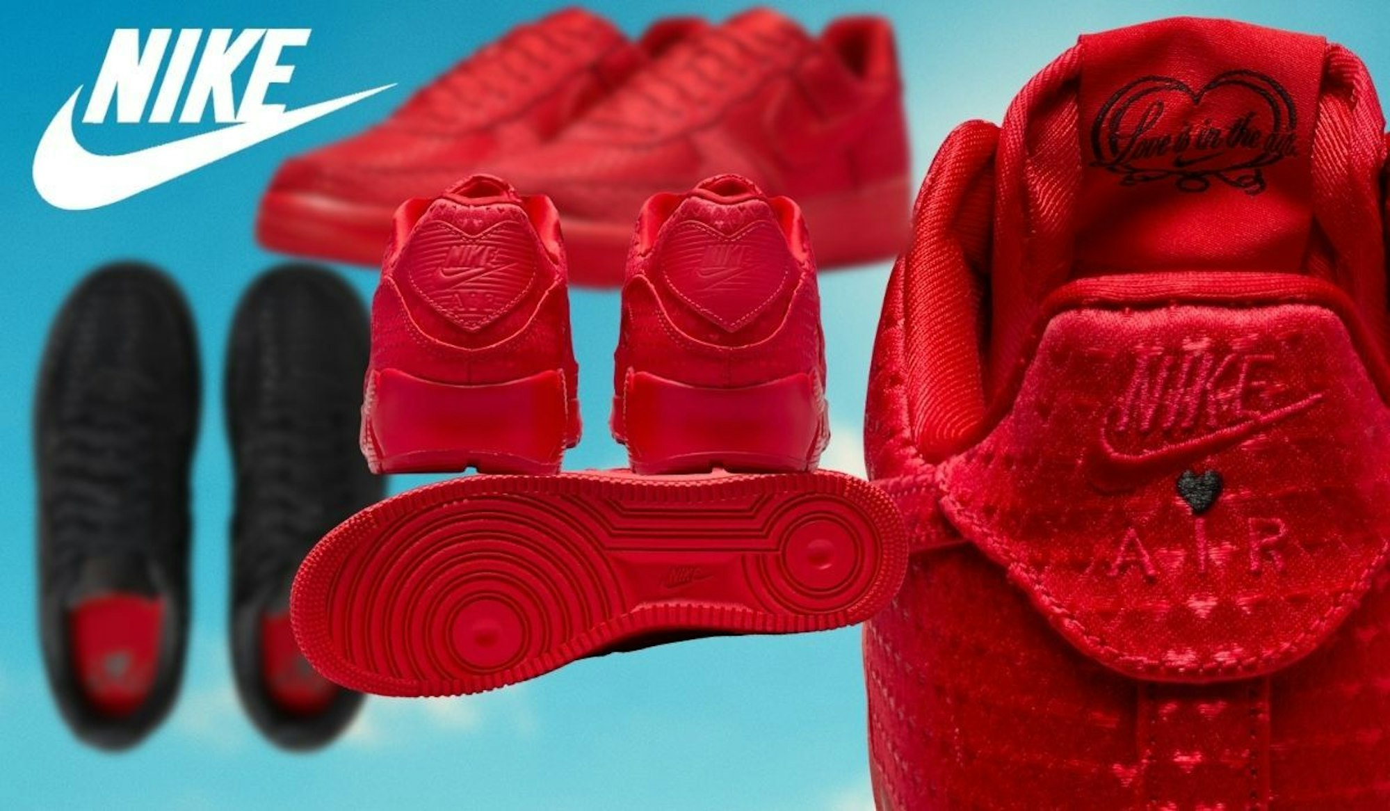 Nike Valentinstag-Sneaker in Rot mit Herzakzenten und spezieller Textur im Detail: Nike Air Force 1 Retro und der Nike Air Max 90 Premium "Valentine’s Day".