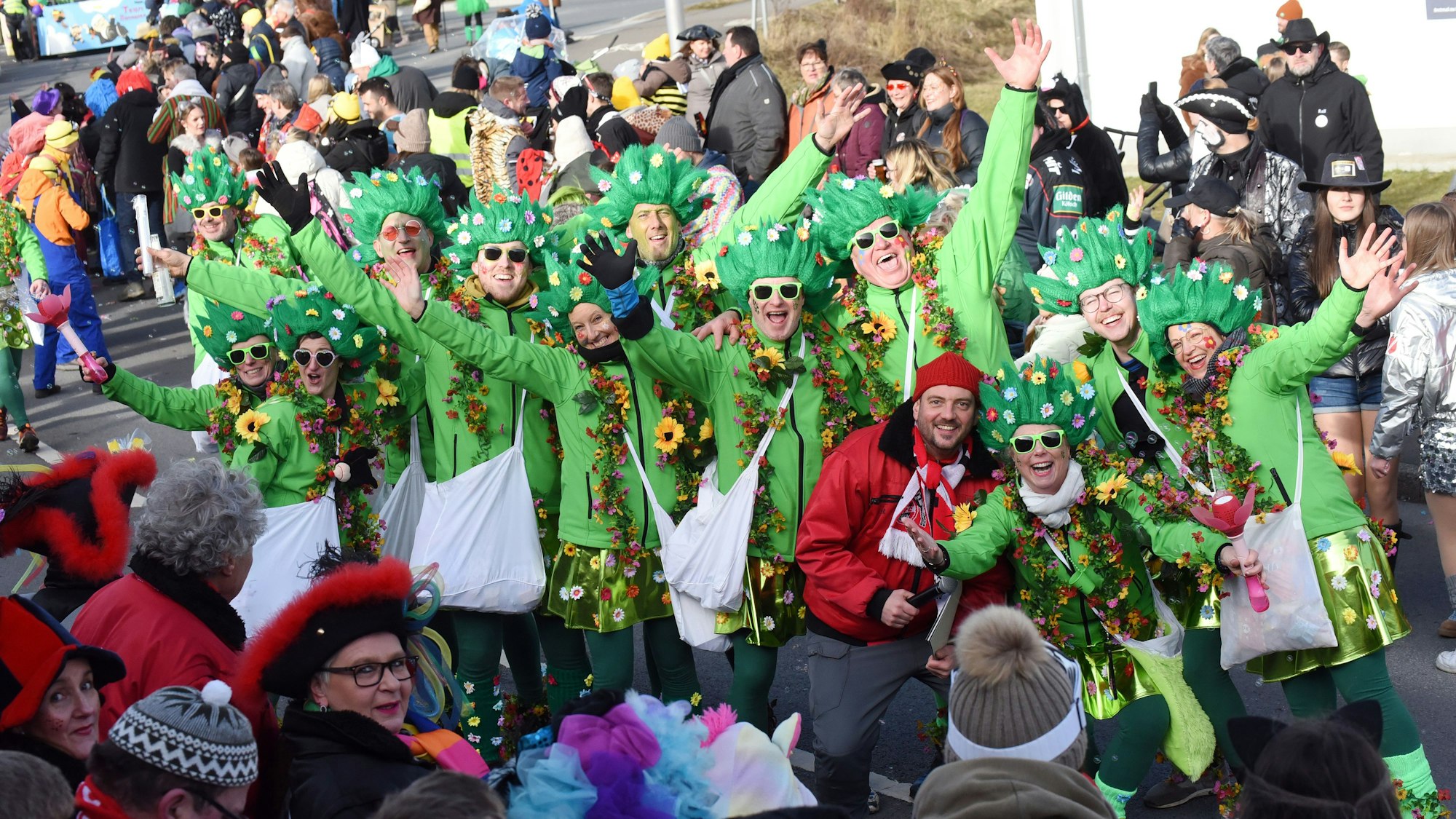 Eine kostümierte Gruppe bei einem Karnmevalszug.