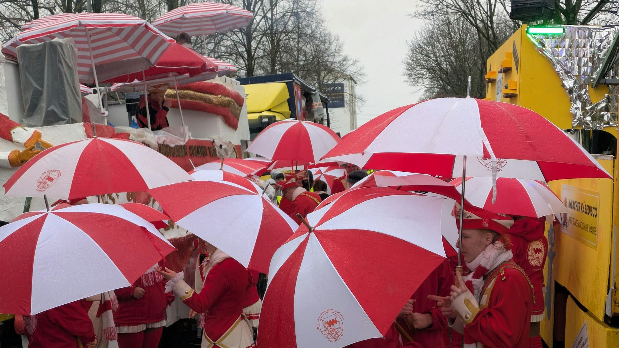 Regenschirme waren im Opladener Rosenmontagszug unverzichtbar.