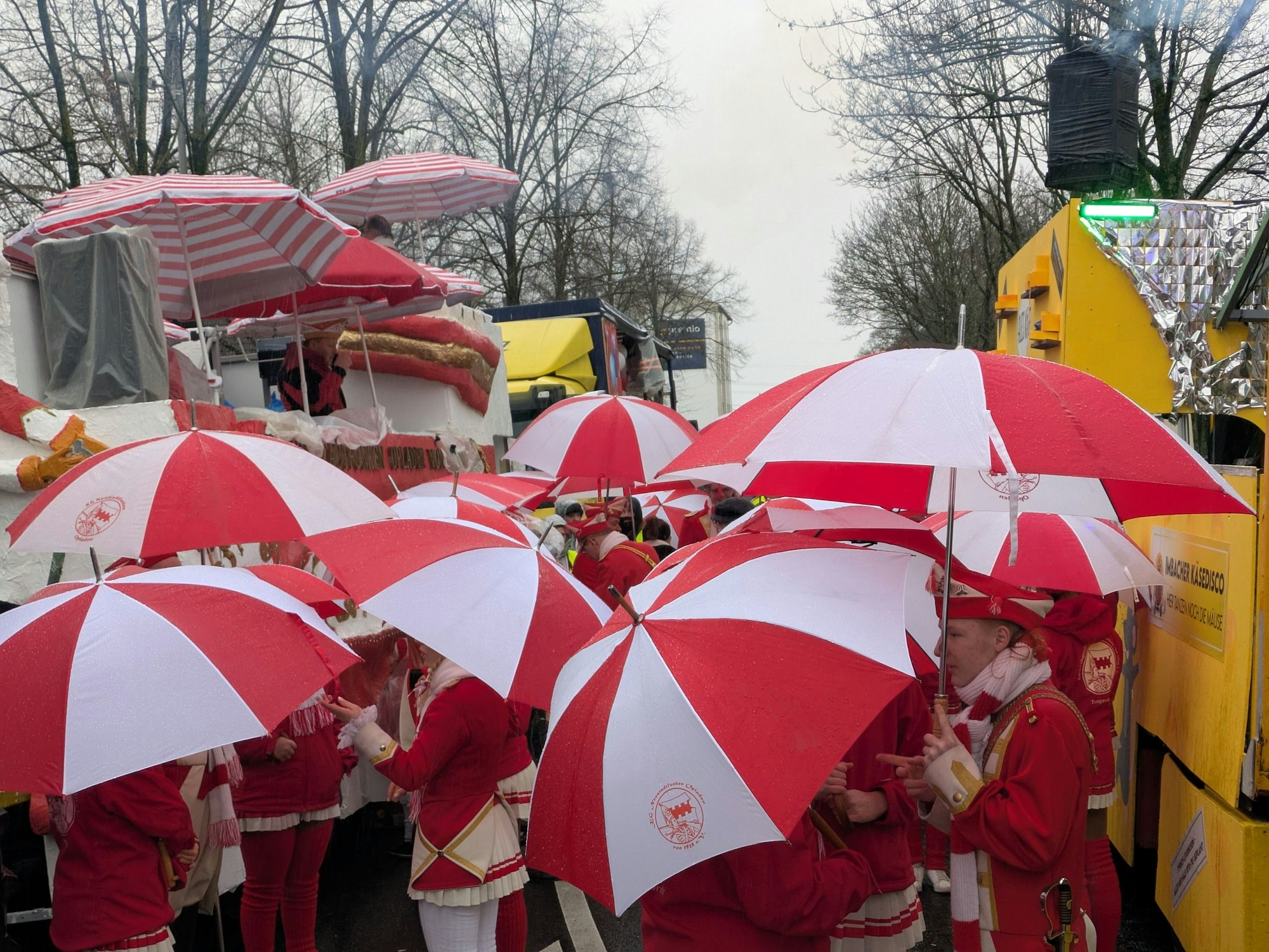 Regenschirme waren im Opladener Rosenmontagszug unverzichtbar.