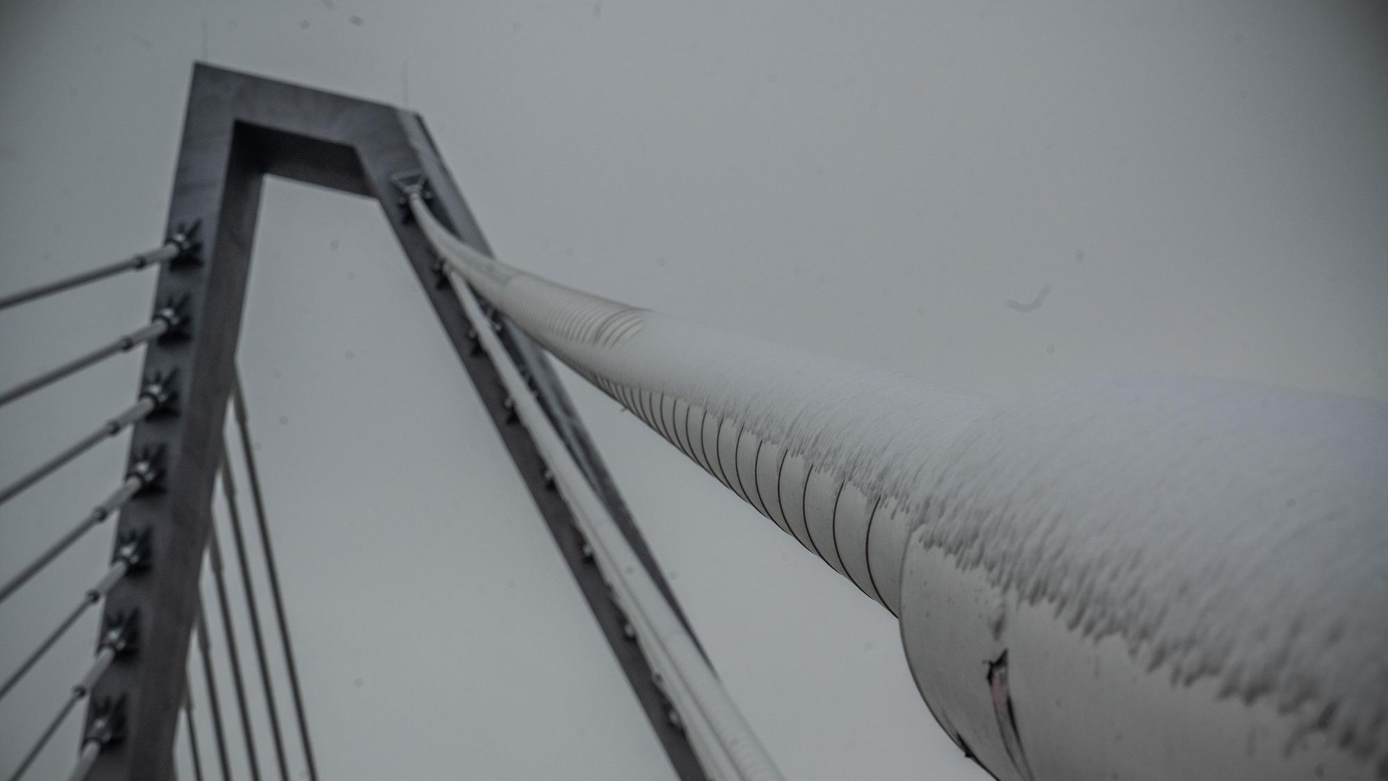 Schnee liegt auf den Tragseilen der Leverkusener Rheinbrücke (Foto vom 6. Januar).