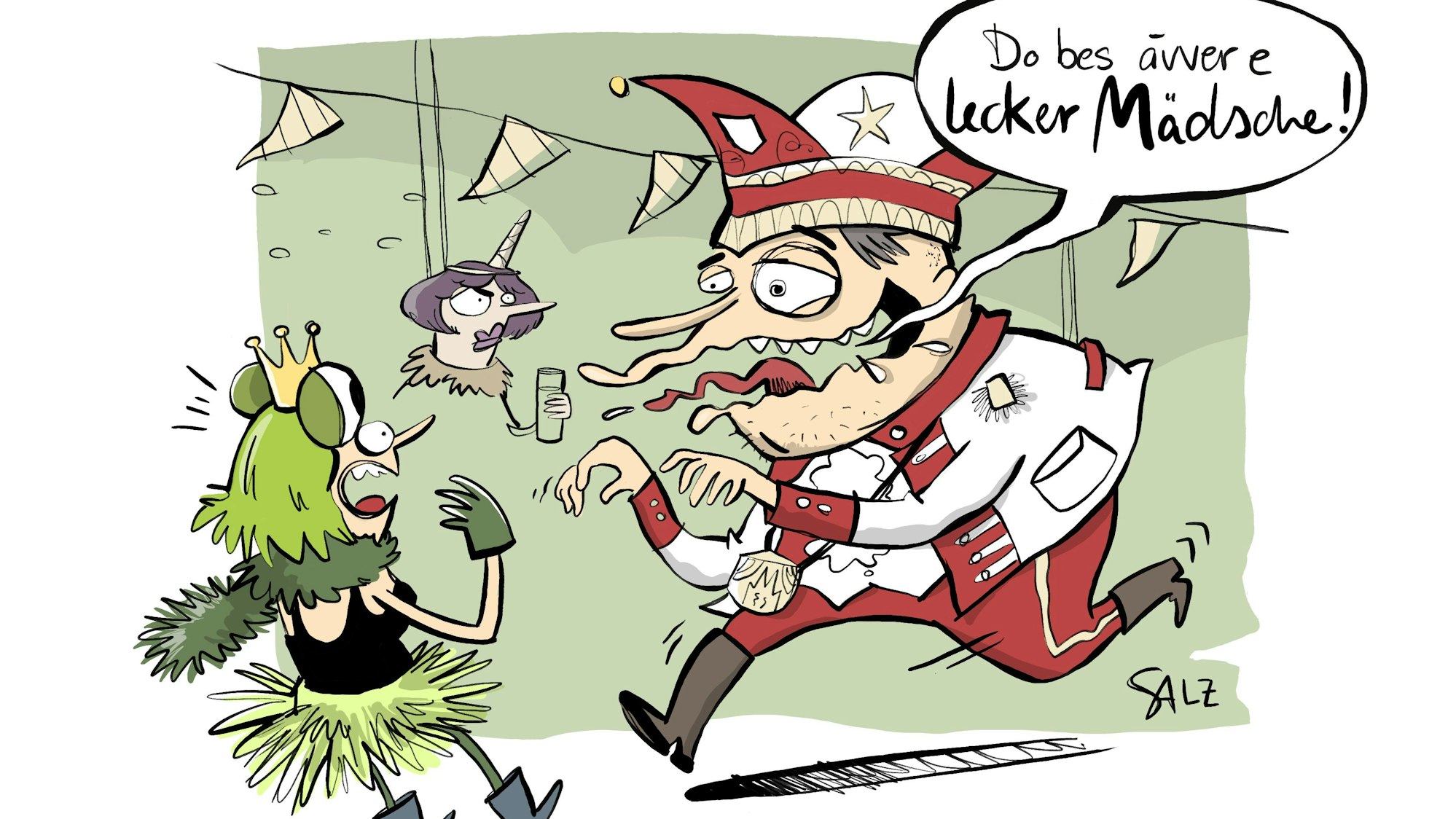 B wie Bützangst: kommt von der Tradition ungefragten Bützens, gerne garniert mit Sätzen wie „Dat Schönste wat mer han im Karneval“.