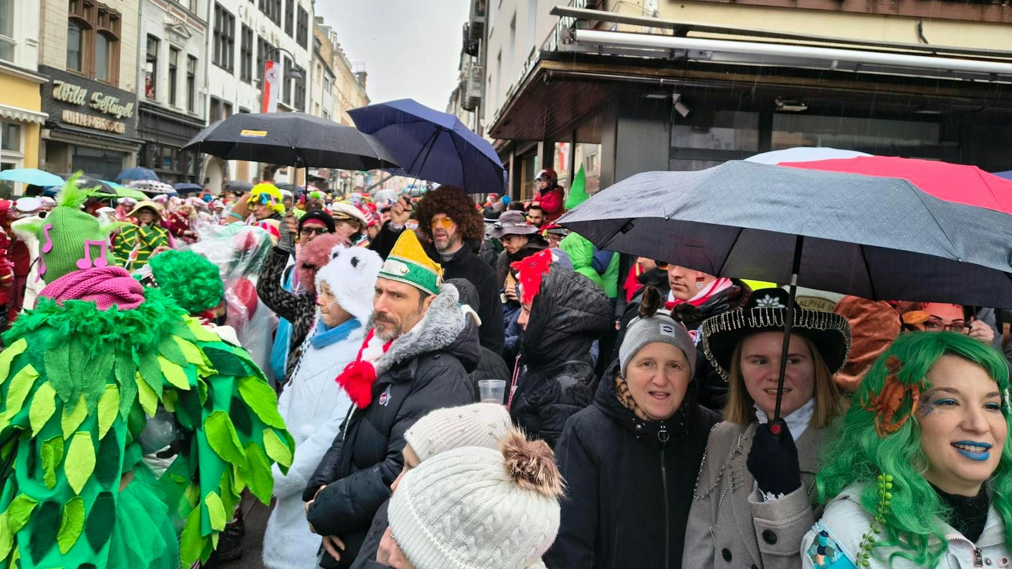 Auch bei einsetzendem Regen ist die Stimmung beim Rosenmontagszug gut.