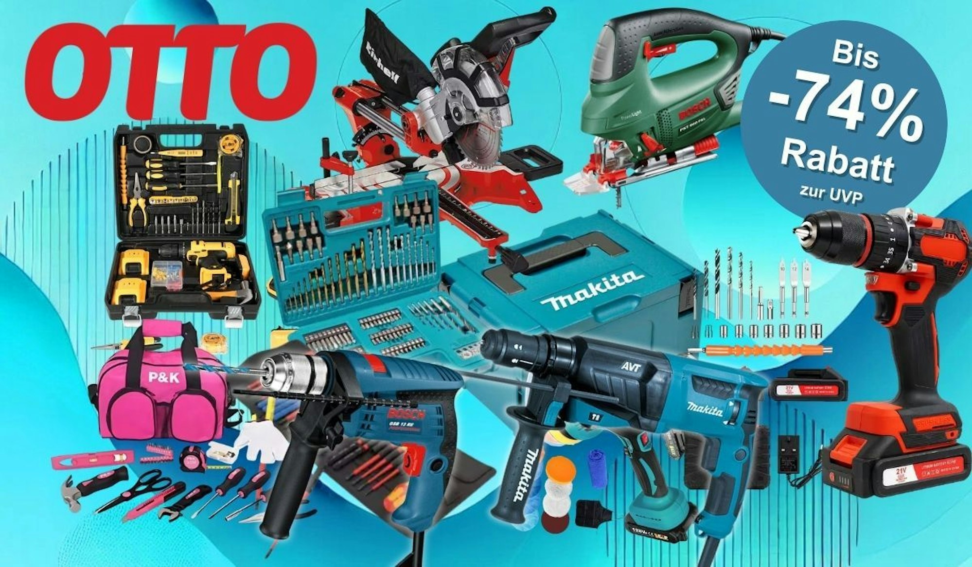 Werkzeug-Marken wie Bosch Professional, Einhell, Makita, Bosch Home and Garden im Otto-Sale vor blauem Hintergrund.