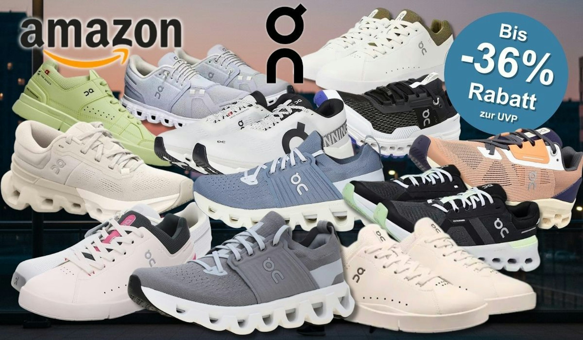 On Sneaker und Laufschuhe Running Schuhe vor einem urbanen Hintergrund von einer Person, die in den Abendstunden in der Innenstadt joggt.