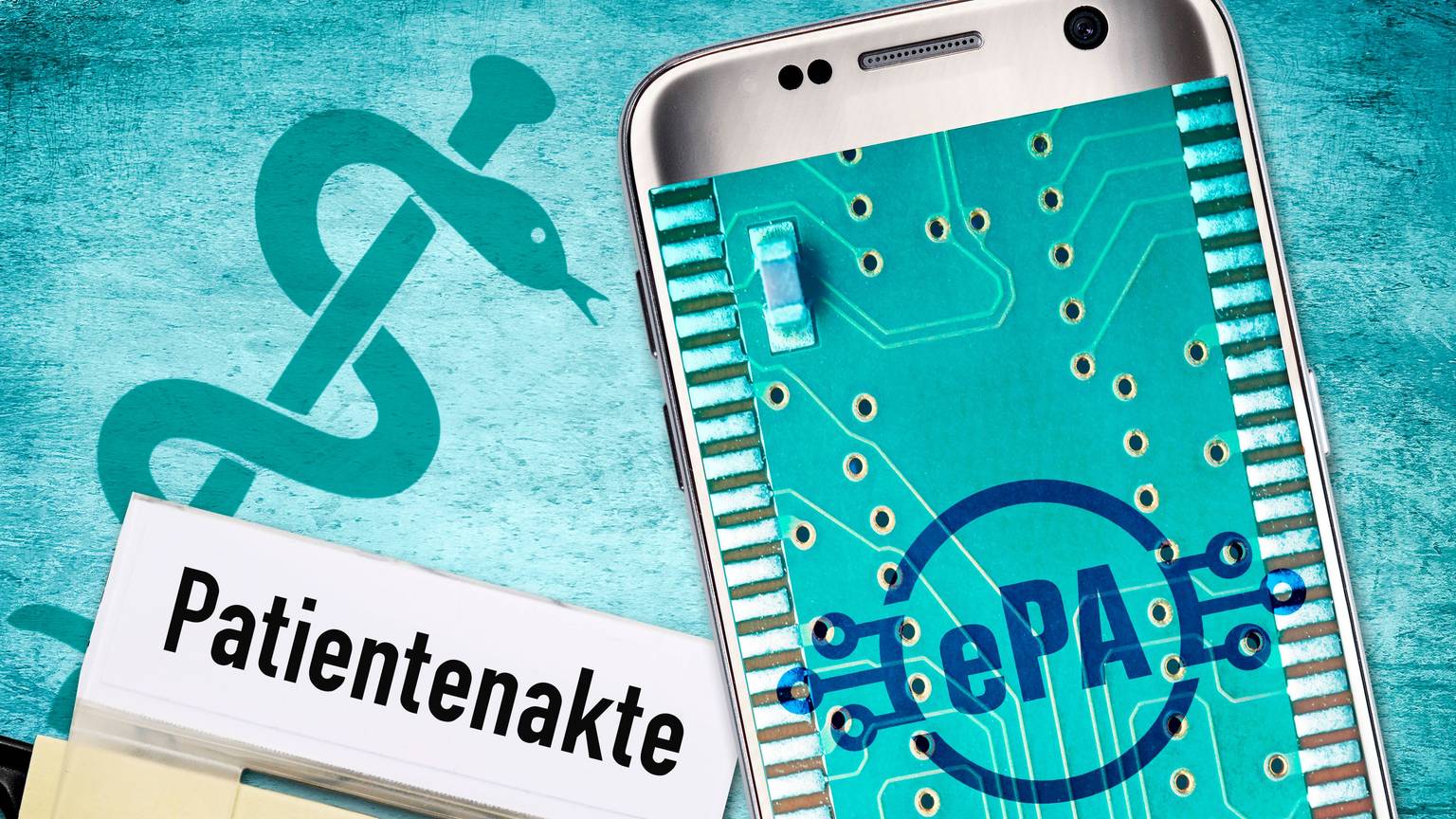 FOTOMONTAGE, Handy mit Schriftzug ePA im Display, Symbolfoto elektronische Patientenakte *** PHOTOMONTAGE, cell phone with ePA lettering on the display, symbol photo of electronic patient file