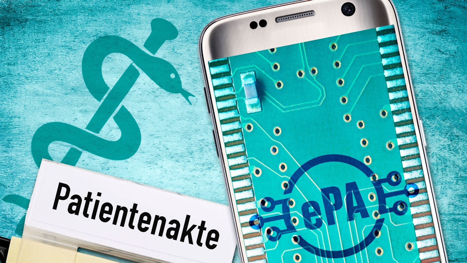 FOTOMONTAGE, Handy mit Schriftzug ePA im Display, Symbolfoto elektronische Patientenakte *** PHOTOMONTAGE, cell phone with ePA lettering on the display, symbol photo of electronic patient file