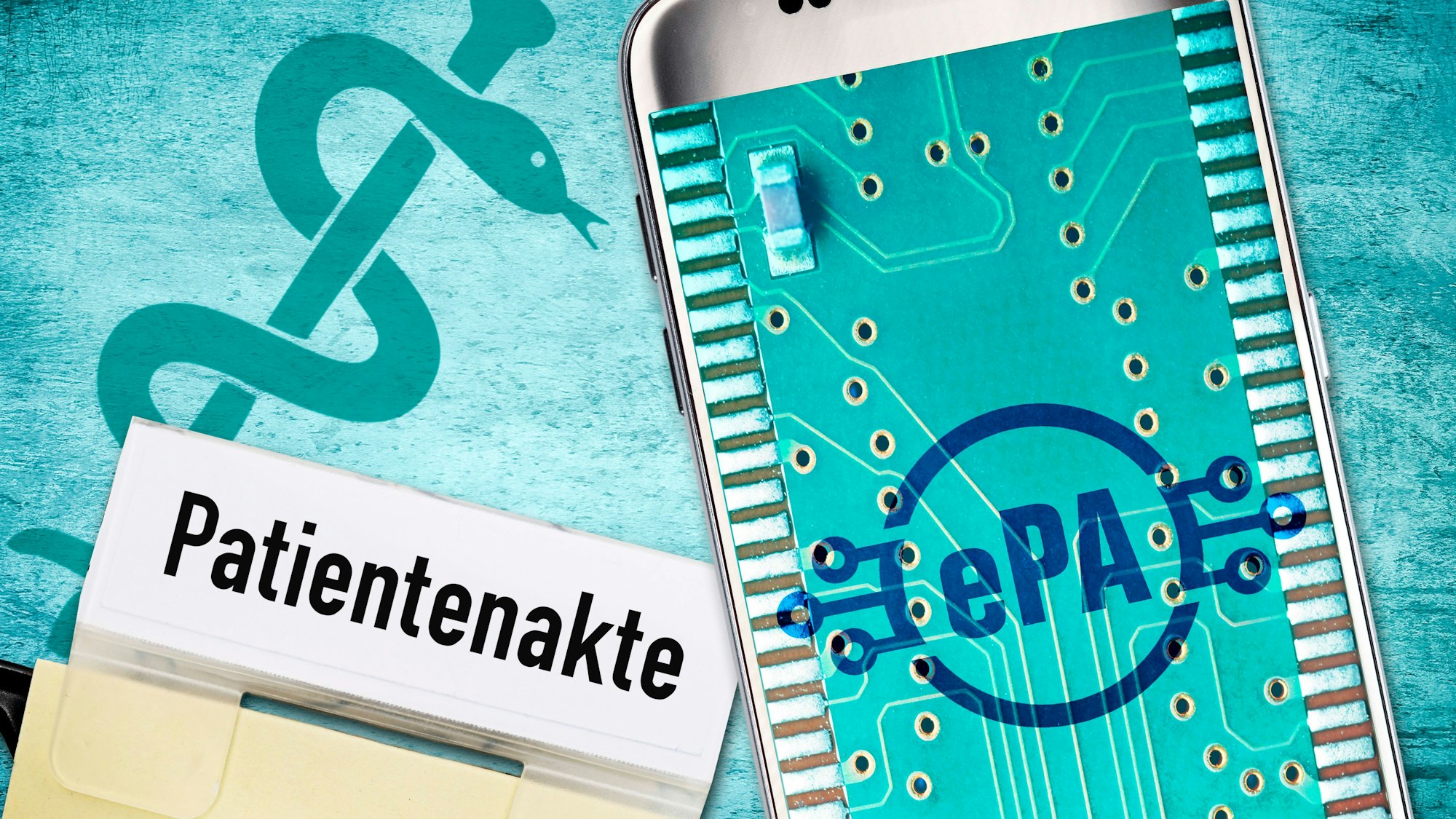 FOTOMONTAGE, Handy mit Schriftzug ePA im Display, Symbolfoto elektronische Patientenakte *** PHOTOMONTAGE, cell phone with ePA lettering on the display, symbol photo of electronic patient file