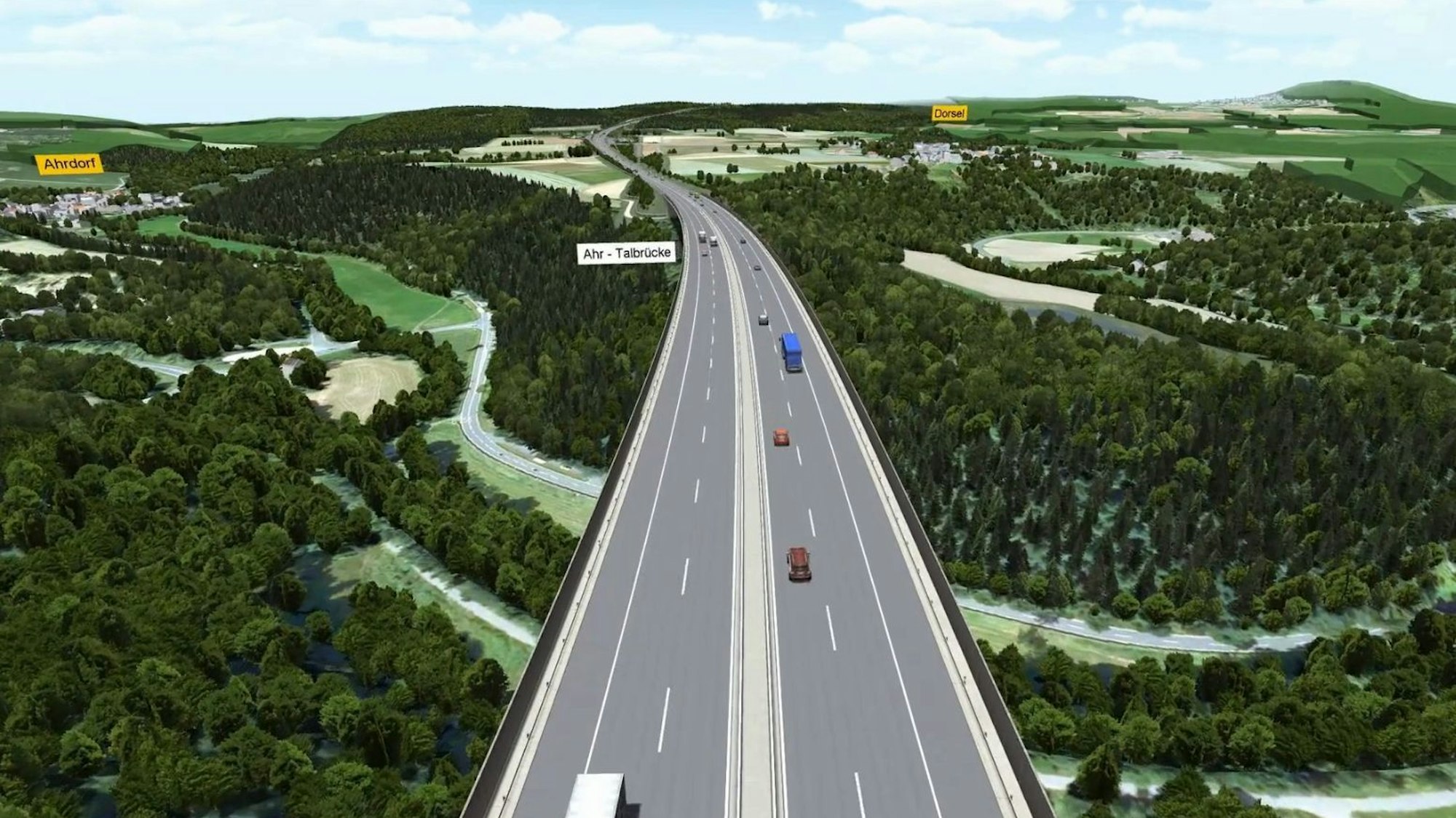 Screenshot aus der 3D-Animation, die einen Überflug über die künftige A1-Trasse in der Eifel zeigt.