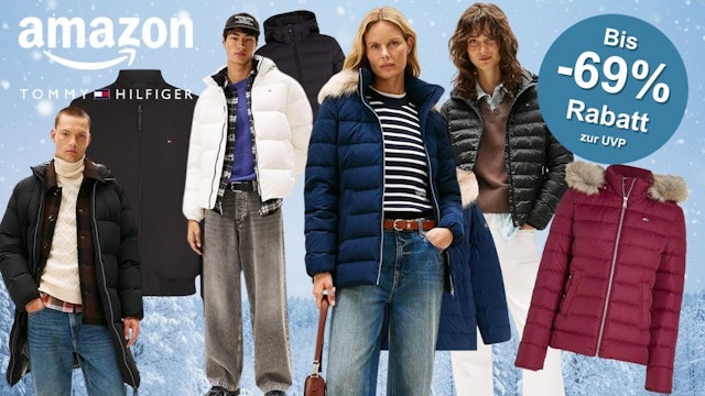 Tommy Hilfiger Winterjacken für Damen und Herren vor einem verschneiten Winterhintergrund.