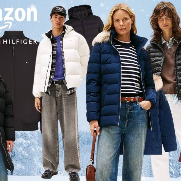 Tommy Hilfiger Winterjacken für Damen und Herren vor einem verschneiten Winterhintergrund.