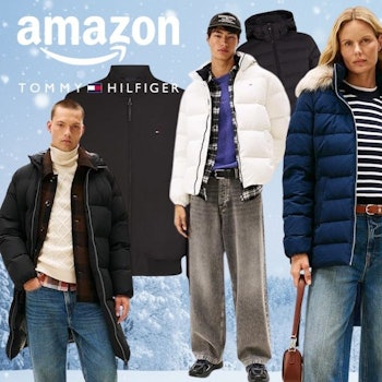 Tommy Hilfiger Winterjacken für Damen und Herren vor einem verschneiten Winterhintergrund.