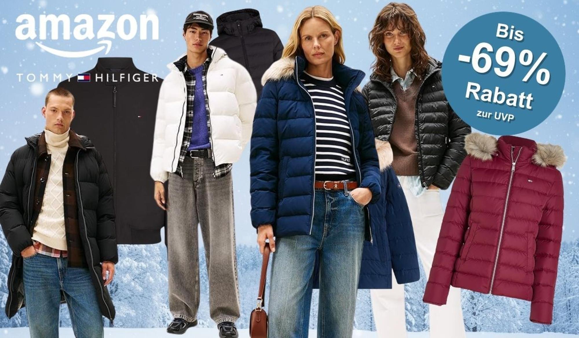 Tommy Hilfiger Winterjacken für Damen und Herren vor einem verschneiten Winterhintergrund.