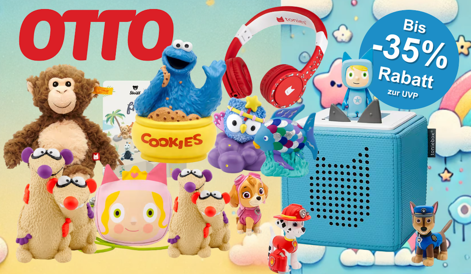 Diverse Tonie-Figuren und eine Toniebox vor einem weihnachtlichen Hintergrund.