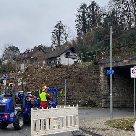 Eine Bahnunterführung, davor eine blaue Baumaschine und drei Arbeiter in roten Overalls. Der Hang neben der Unterführung ist gerodet, dort stehen nur noch Baumstümpfe.