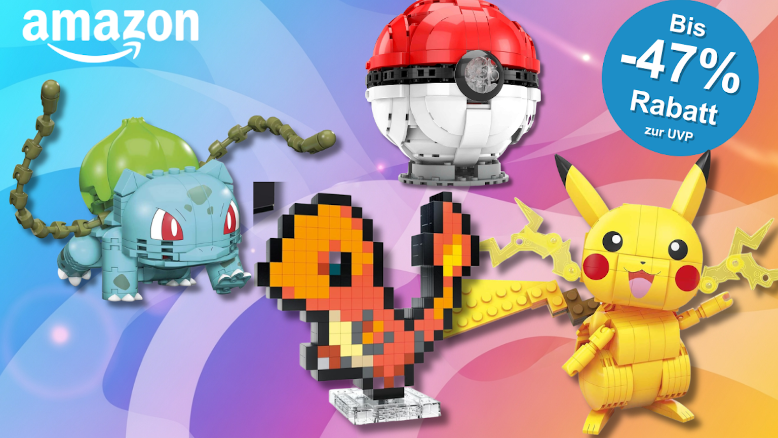 Verschiedene Pokemon Bausteinsets von Pikachu, Bisasam, Glumanda und einem Pokeball vor einem bunten Hintergrund.